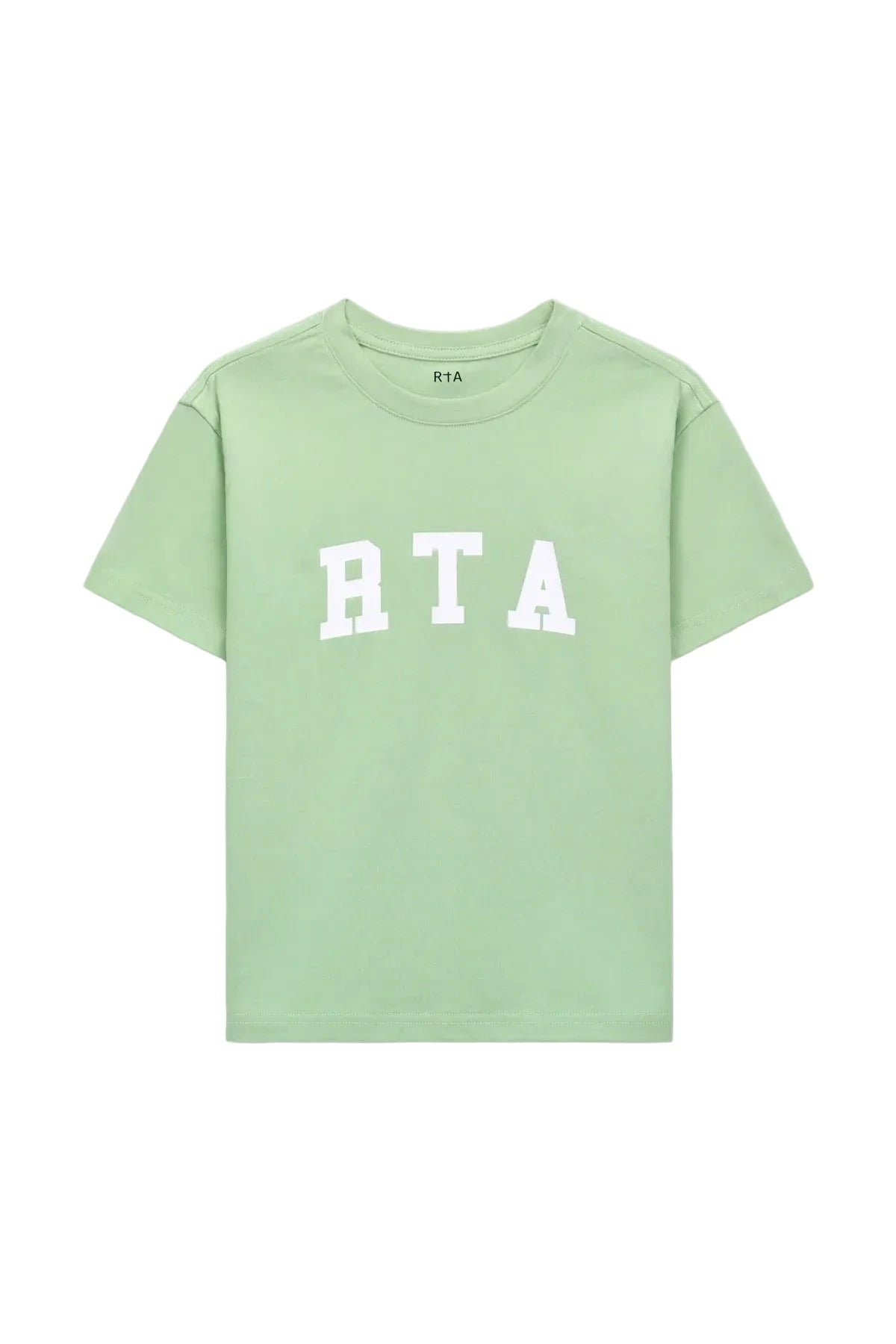 RtA Kids Lawson short sleeve T-shirt in green collegiate with collegiate-inspired RtA logos on the front and back.