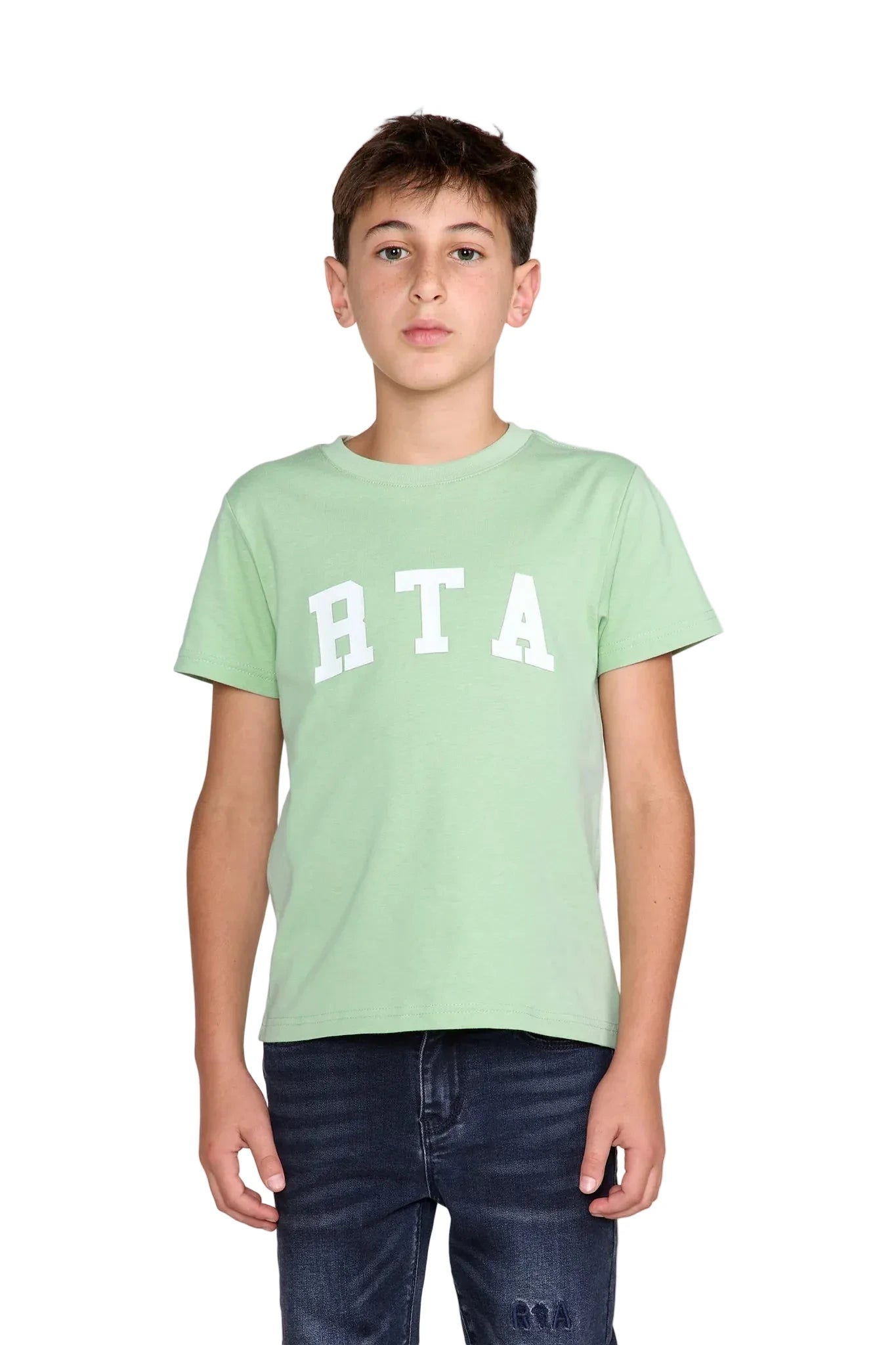 RtA Kids Lawson short sleeve T-shirt in green collegiate with collegiate-inspired RtA logos on the front and back.