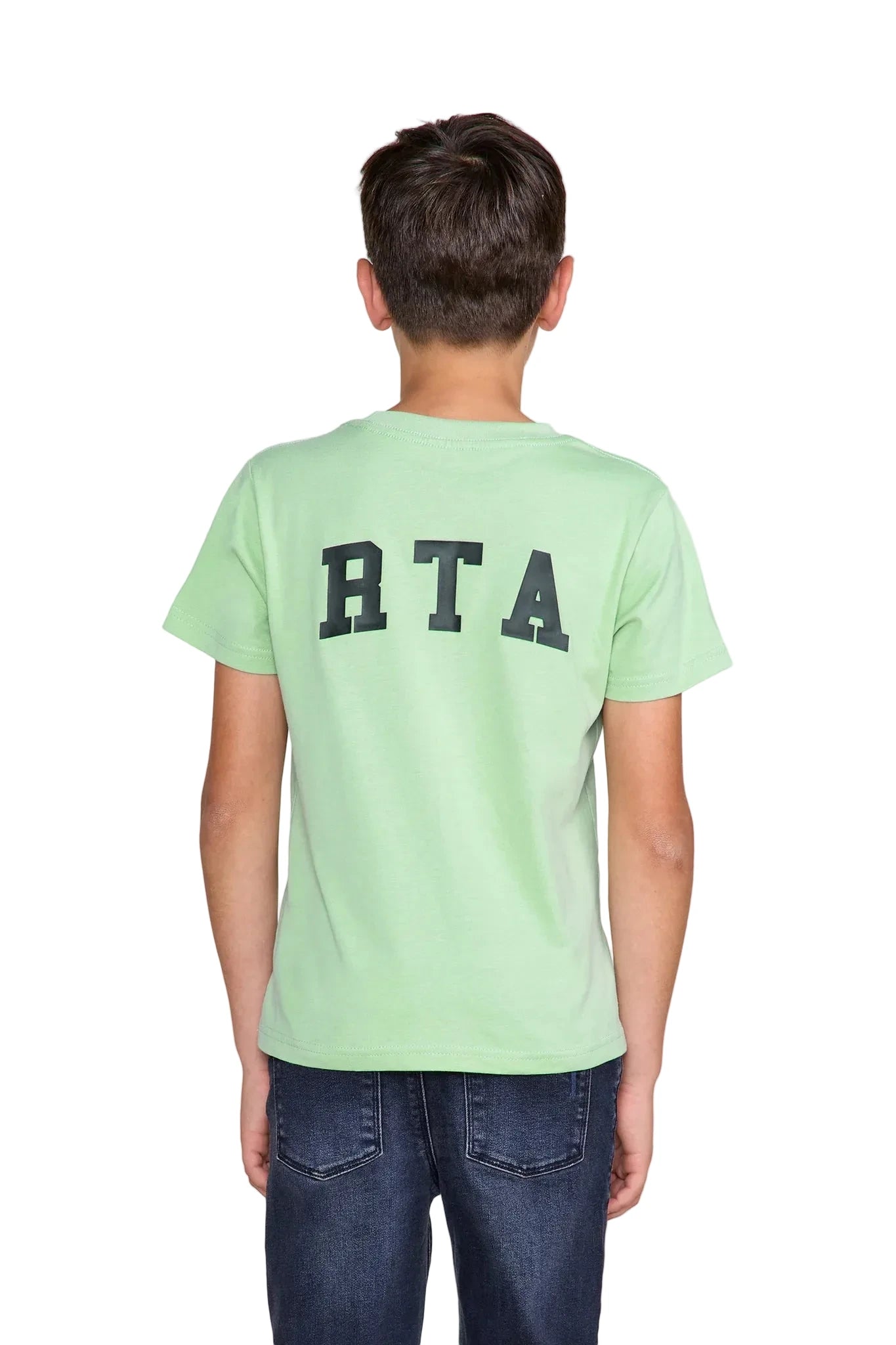 RtA Kids Lawson short sleeve T-shirt in green collegiate with collegiate-inspired RtA logos on the front and back.