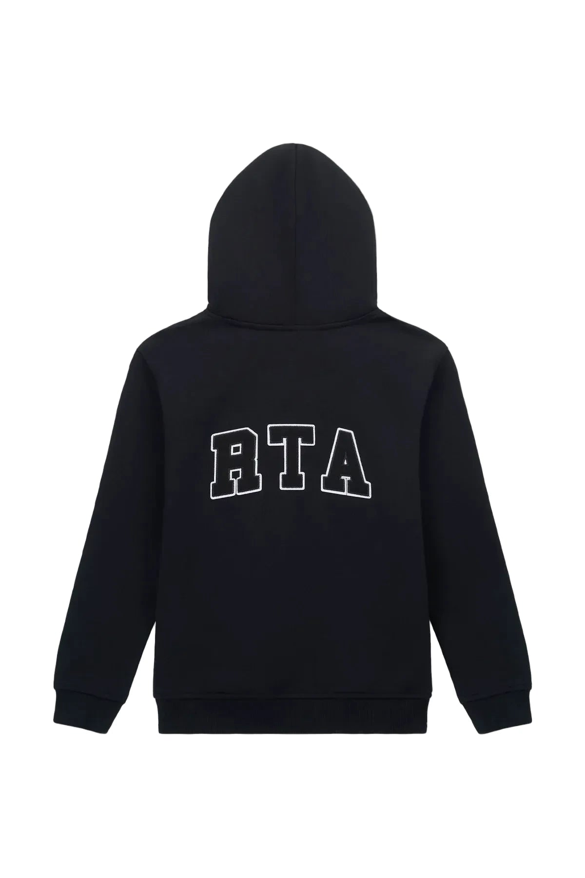 RtA Eden Hoodie in black collegiate with collegiate-inspired logo patches and front kangaroo pocket.