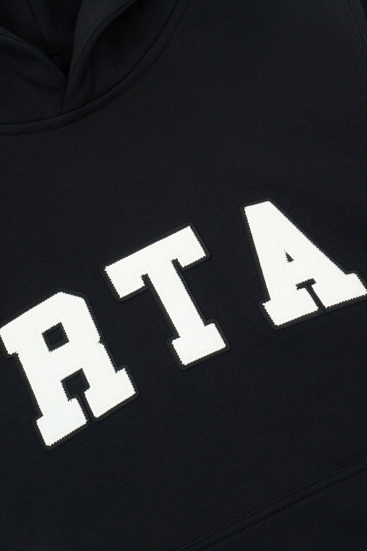 RtA Eden Hoodie in black collegiate with collegiate-inspired logo patches and front kangaroo pocket.
