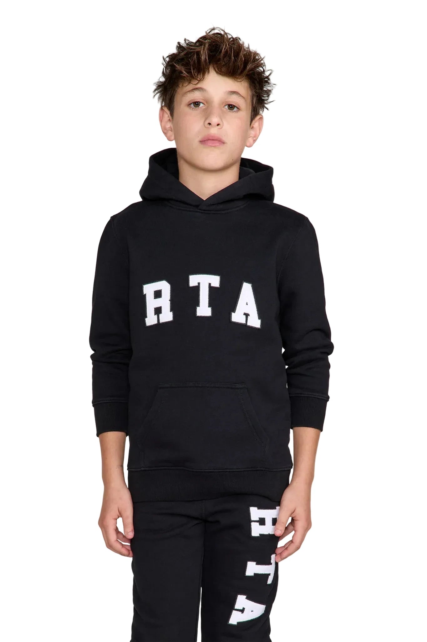 RtA Eden Hoodie in black collegiate with collegiate-inspired logo patches and front kangaroo pocket.