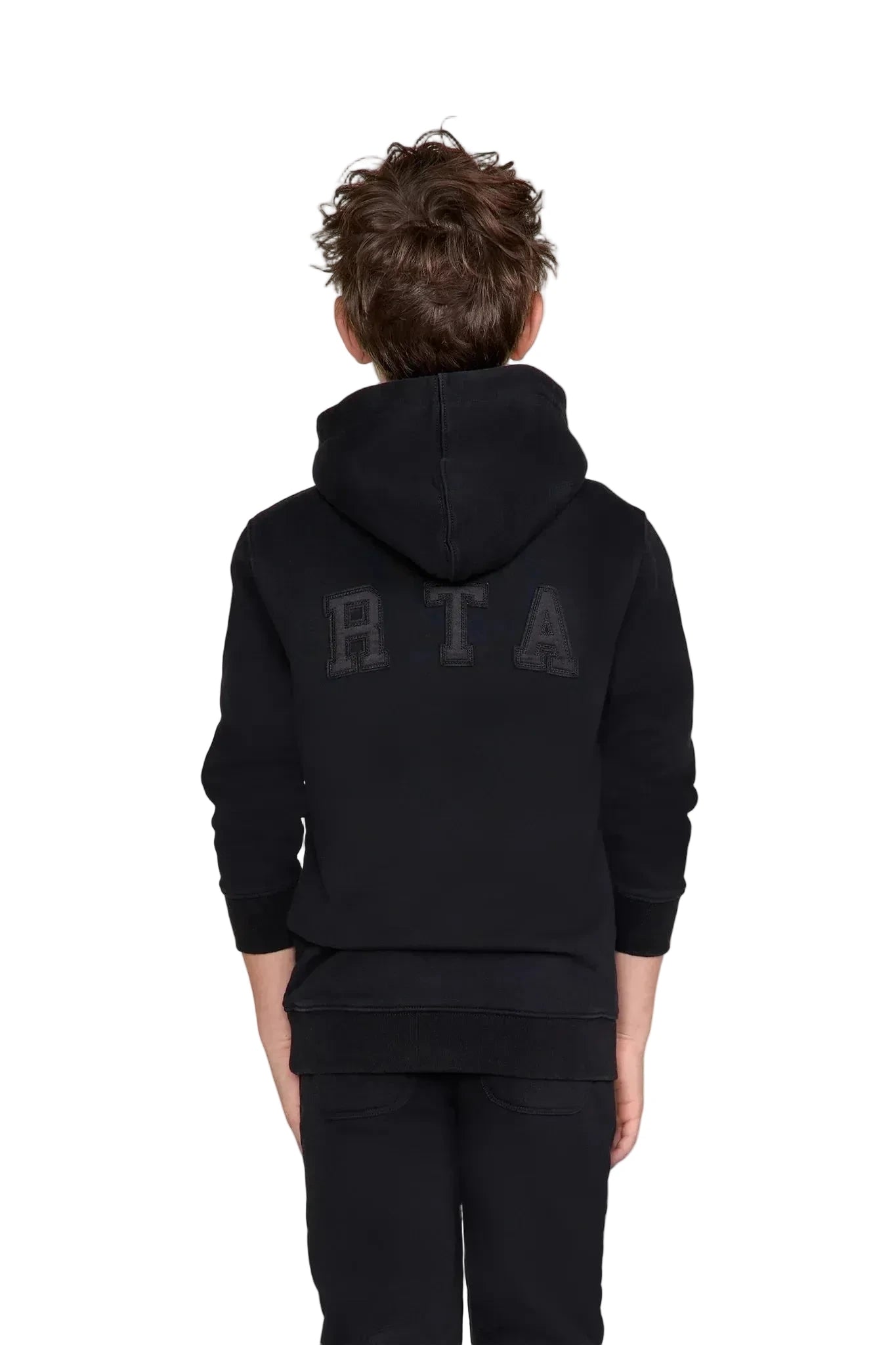 RtA Eden Hoodie in black collegiate with collegiate-inspired logo patches and front kangaroo pocket.