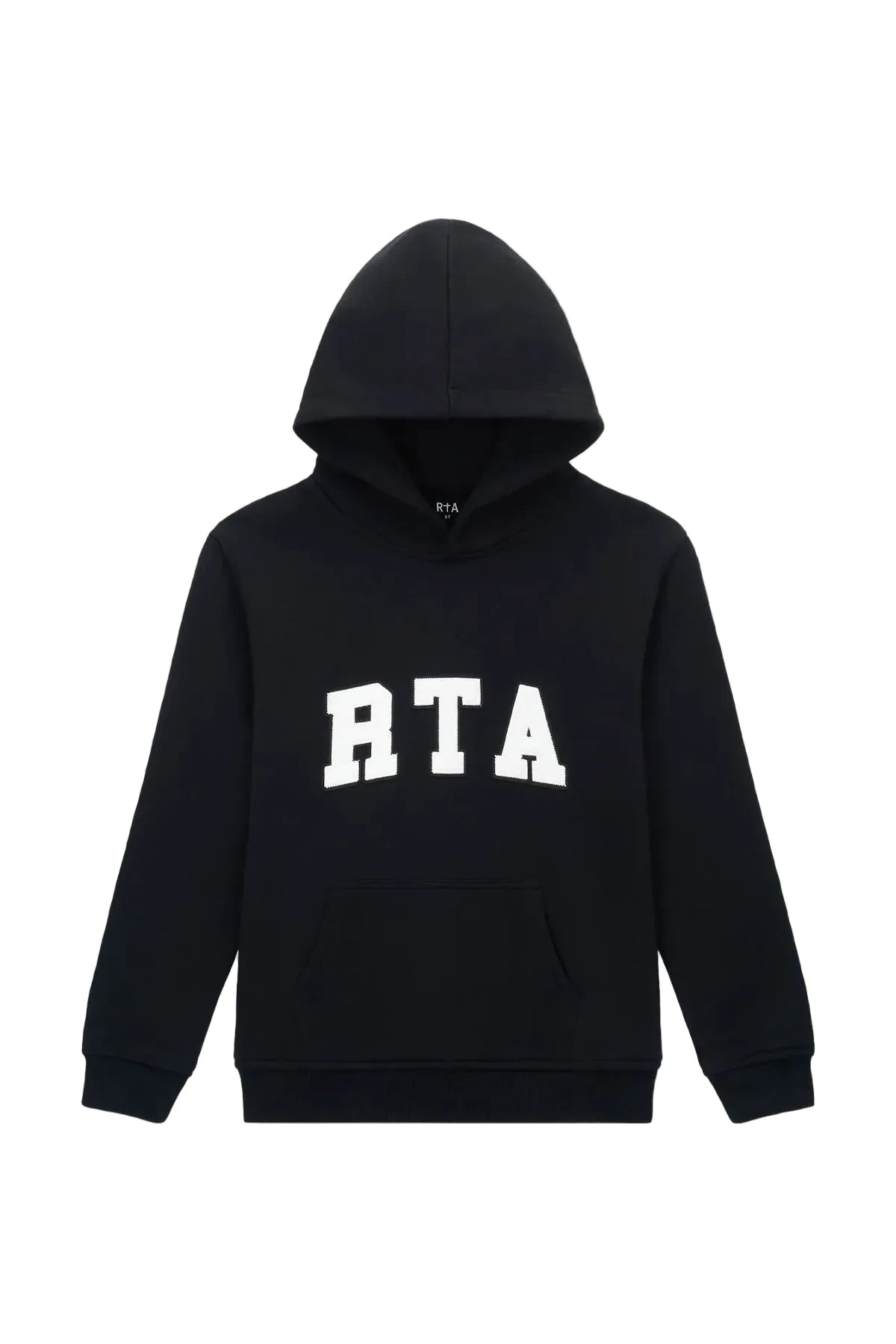 RtA Eden Hoodie in black collegiate with collegiate-inspired logo patches and front kangaroo pocket.