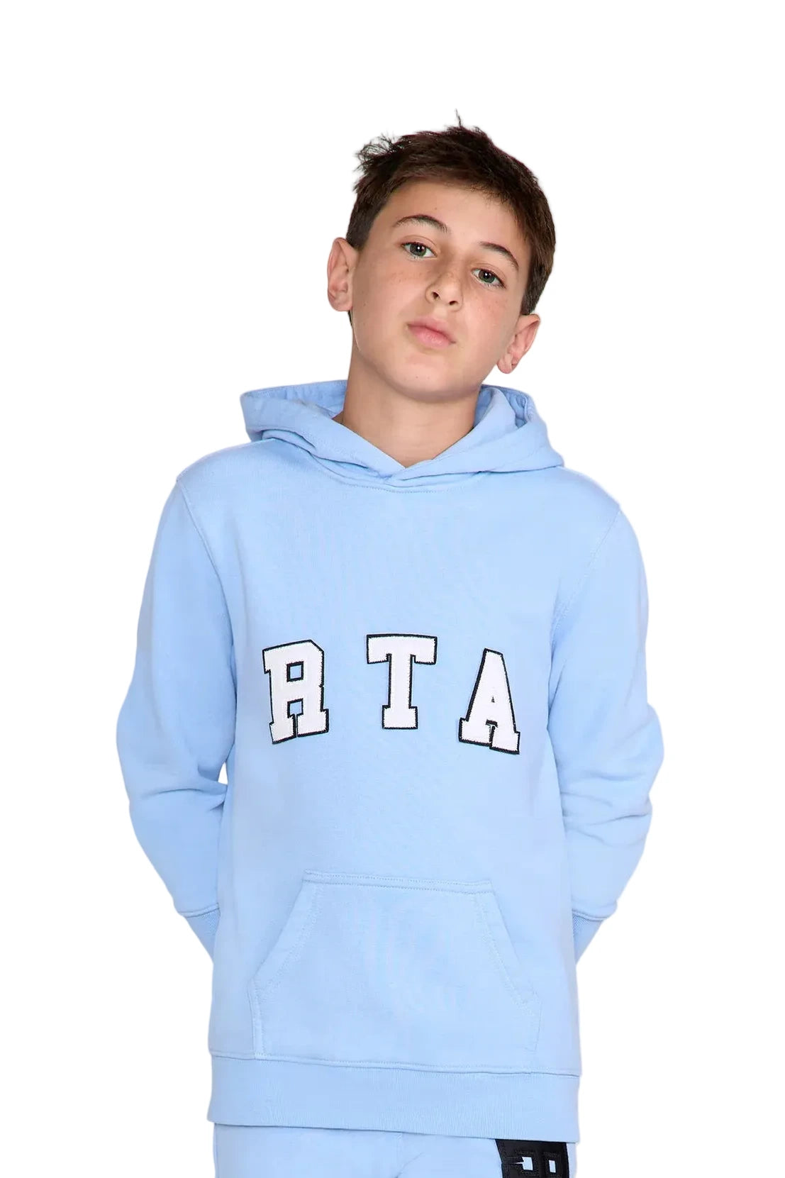 RtA Eden Hoodie in blue collegiate with collegiate-inspired logo patches and front kangaroo pocket.