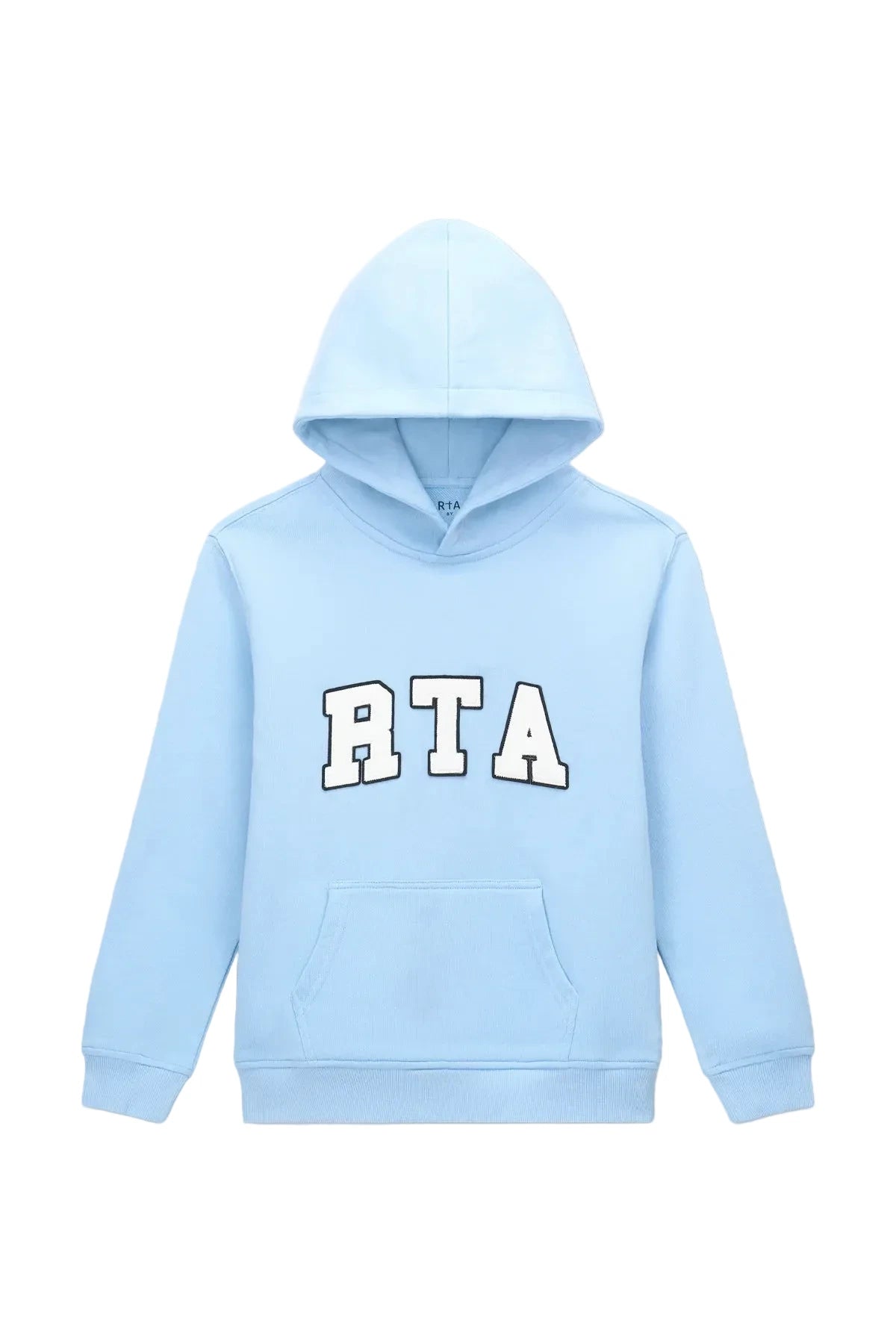 RtA Eden Hoodie in blue collegiate with collegiate-inspired logo patches and front kangaroo pocket.