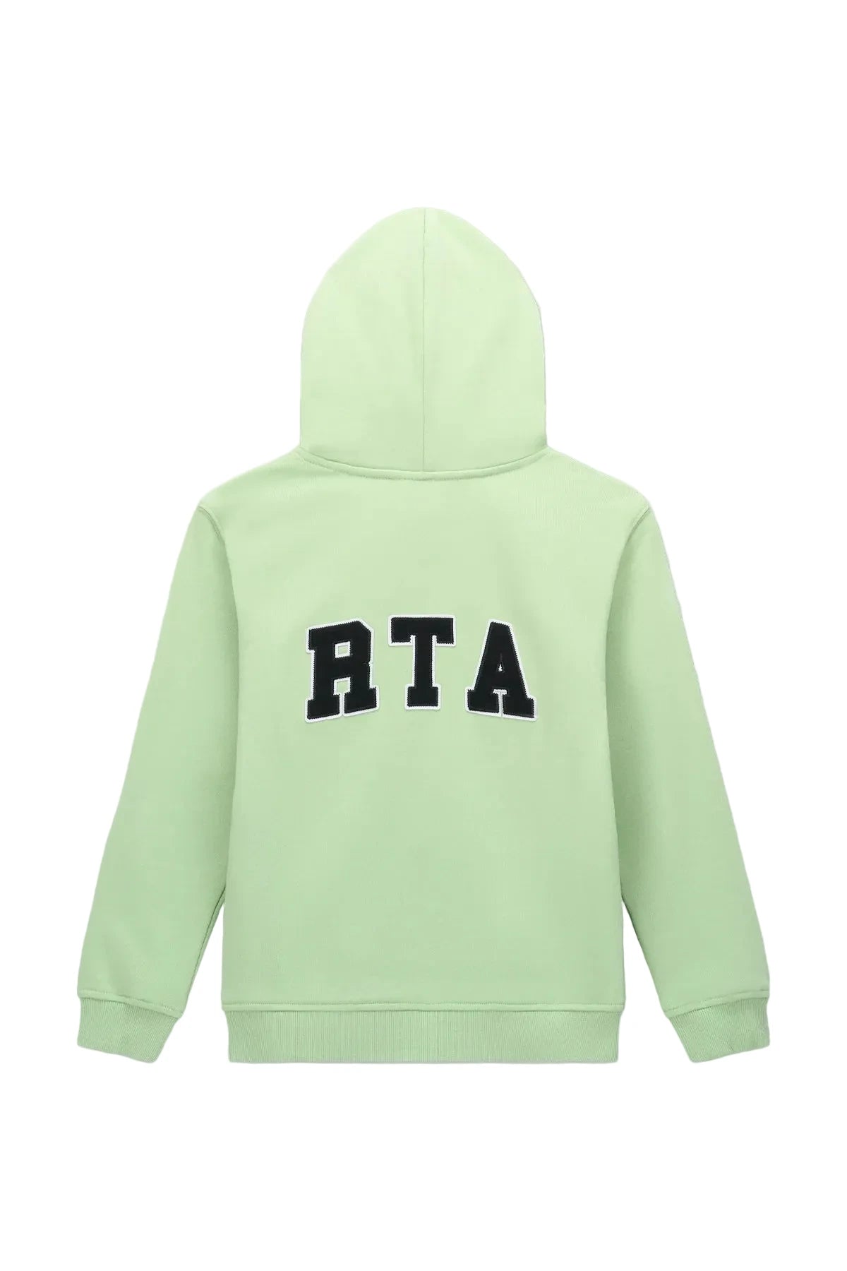 RtA Eden Hoodie in green collegiate with collegiate-inspired logo patches and front kangaroo pocket.