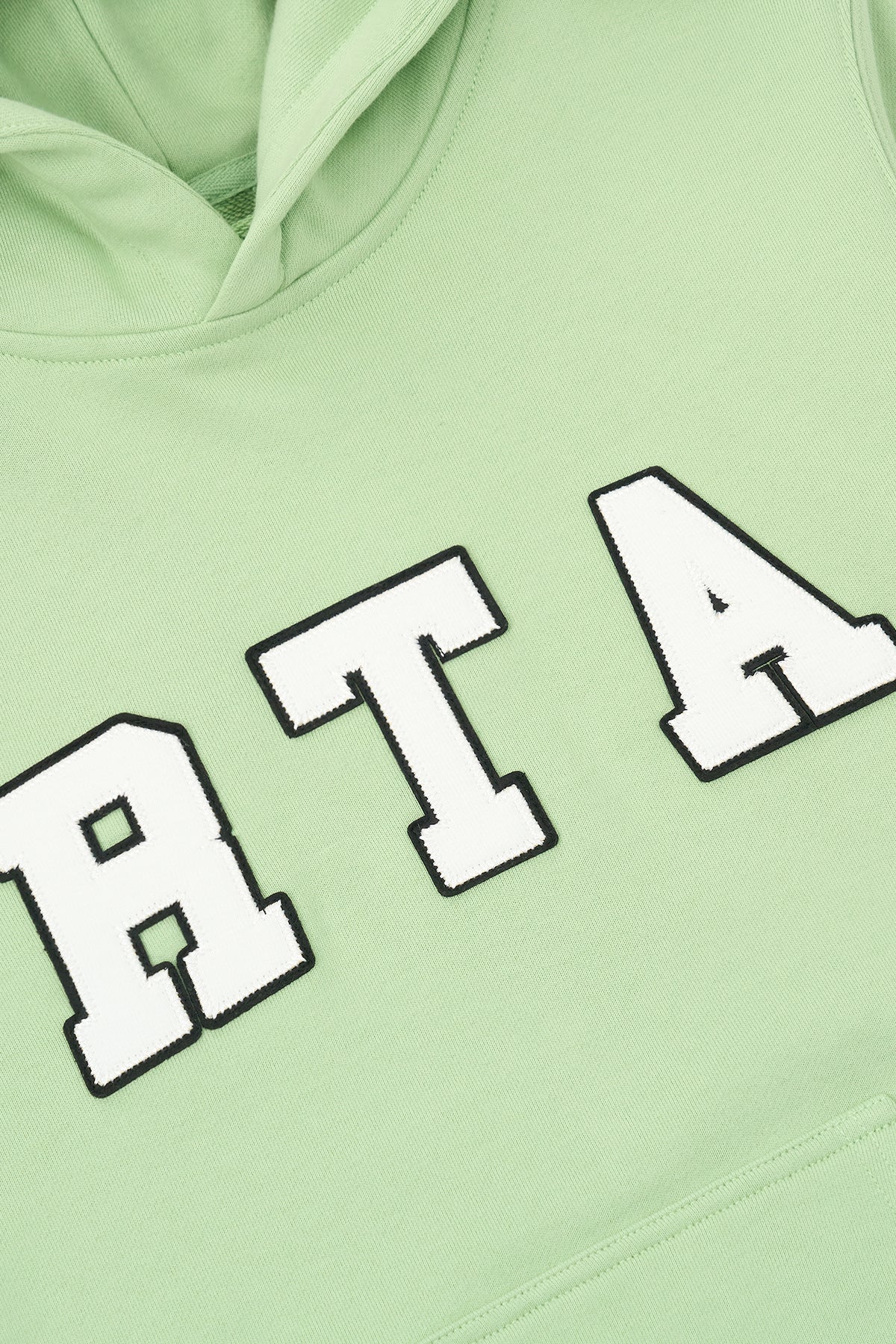 RtA Eden Hoodie in green collegiate with collegiate-inspired logo patches and front kangaroo pocket.