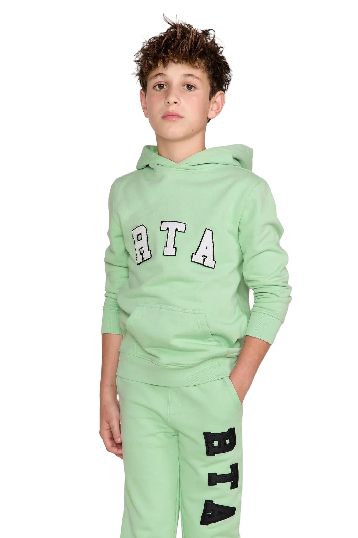 RtA Eden Hoodie in green collegiate with collegiate-inspired logo patches and front kangaroo pocket.