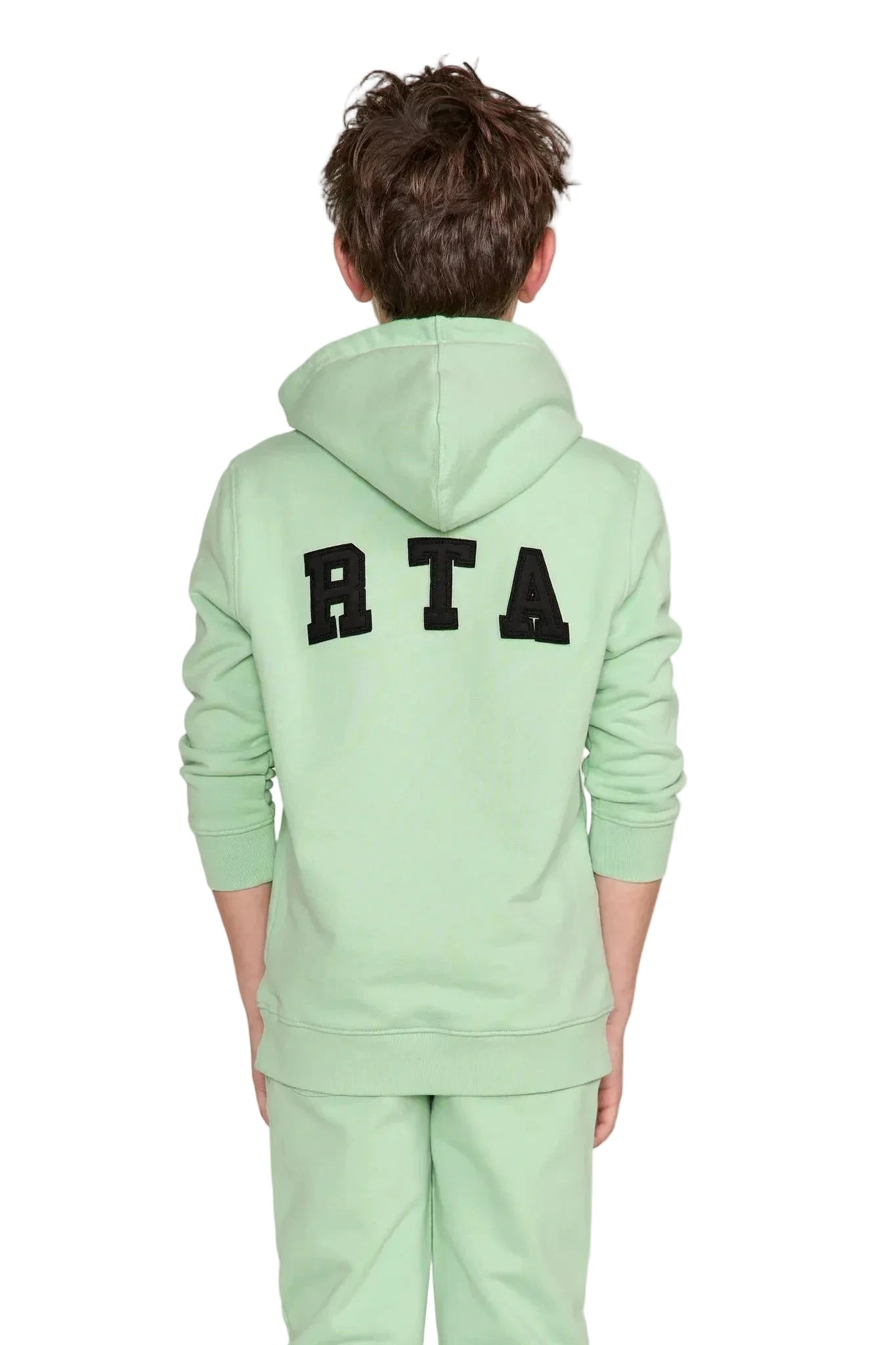 RtA Eden Hoodie in green collegiate with collegiate-inspired logo patches and front kangaroo pocket.