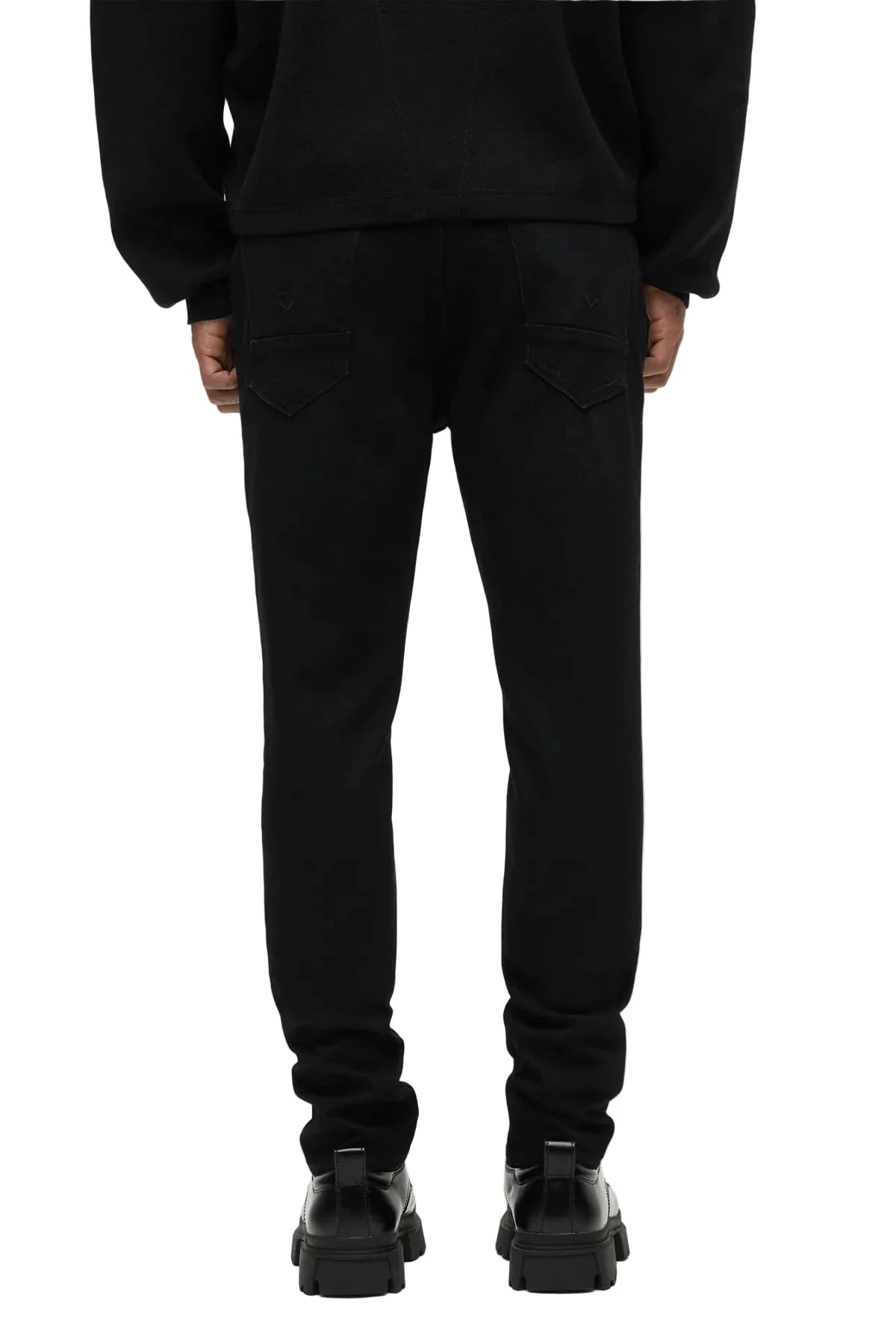 Hudson Zack Skinny Jeans in Destructed Ink black stretch denim with distressed detailing, knee destruction, and a modern slim silhouette.