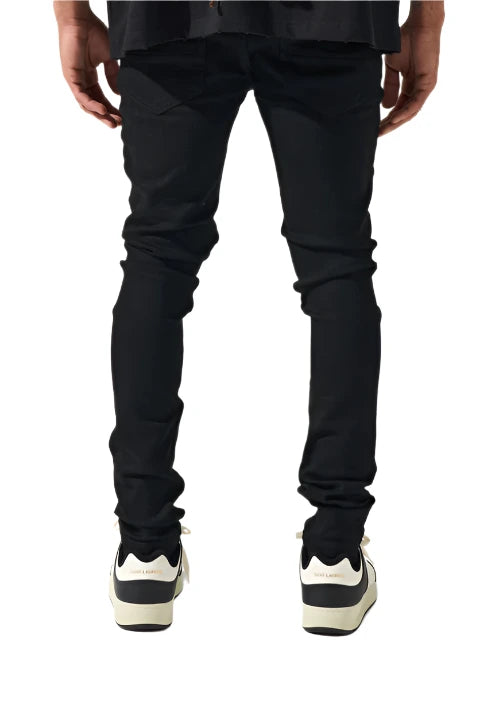  Jet black SERENEDE® VANTA 11 jeans with signature fitted cut, 4-way stretch fabric, embroidered logo, and leather waistband patch.