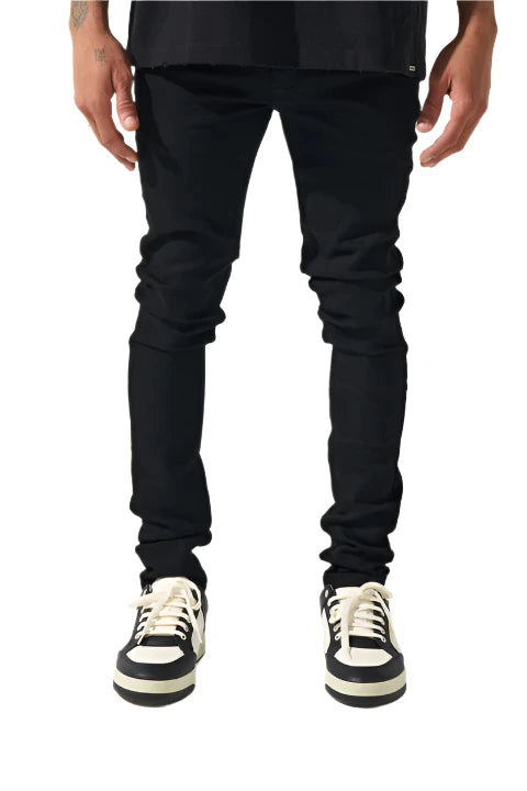  Jet black SERENEDE® VANTA 11 jeans with signature fitted cut, 4-way stretch fabric, embroidered logo, and leather waistband patch.