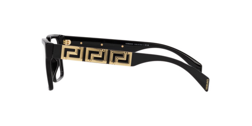 Black and gold eyeglasses with a geometric design on a white background