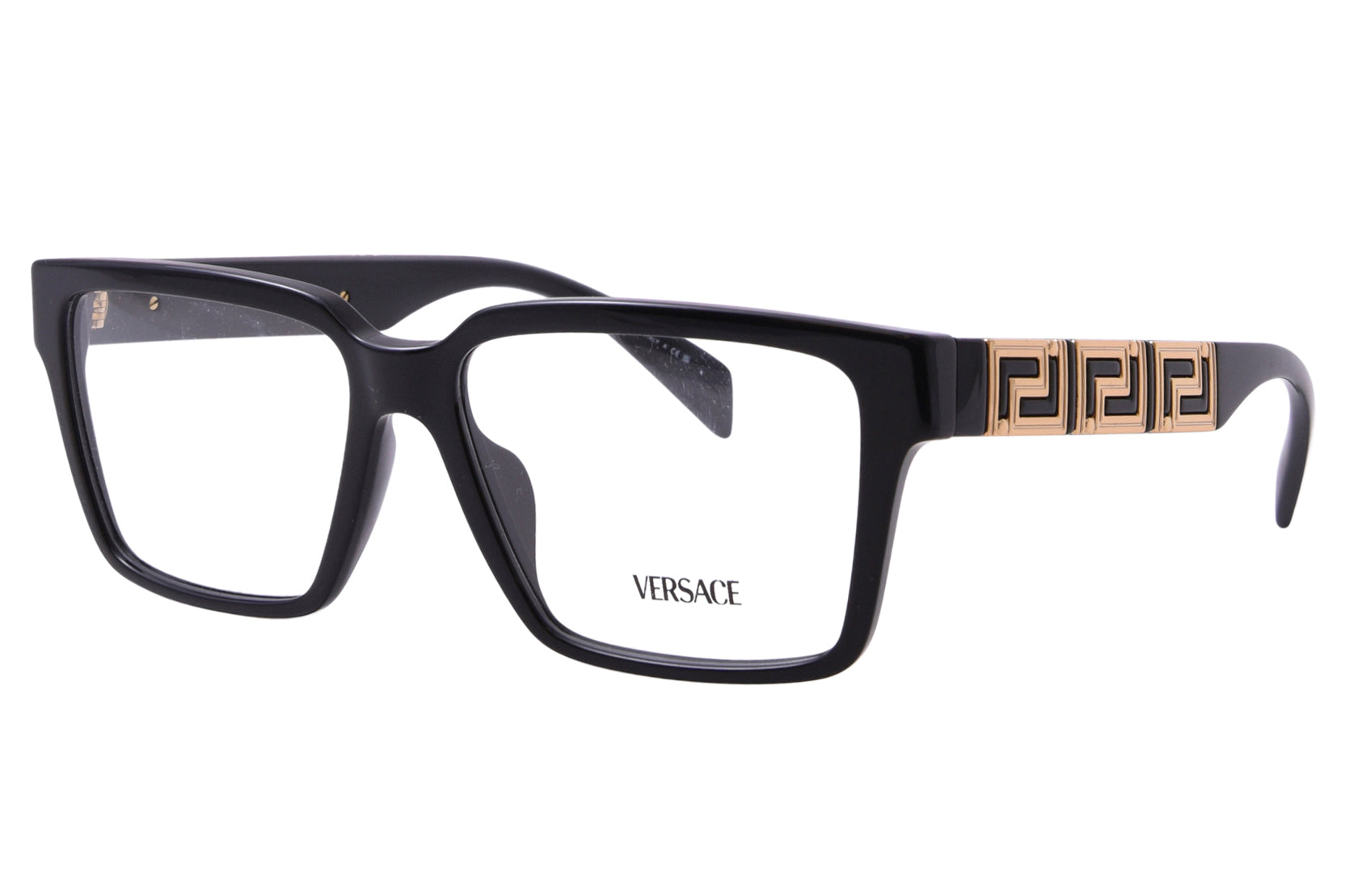 Versace eyeglasses with black frame and gold accents on a white background