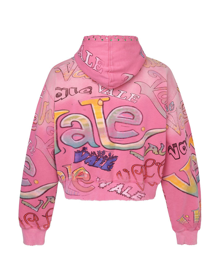 Vale Forever Bubblegum zip up hoodie with all-over print, boxy fit, and hand-set stone detailing in streetwear style
