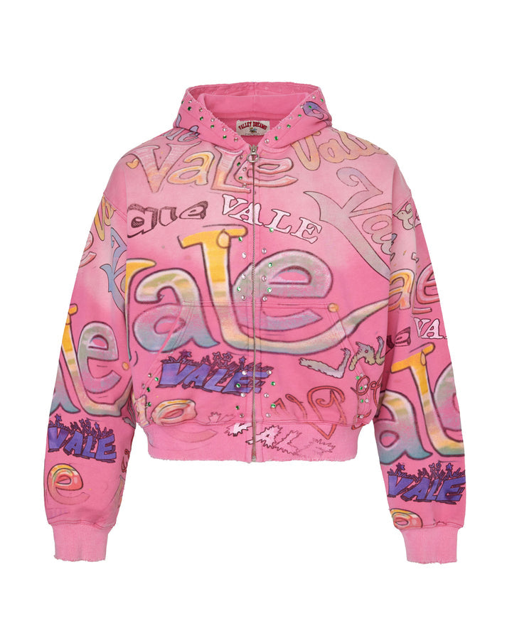 Vale Forever Bubblegum zip up hoodie with all-over print, boxy fit, and hand-set stone detailing in streetwear style