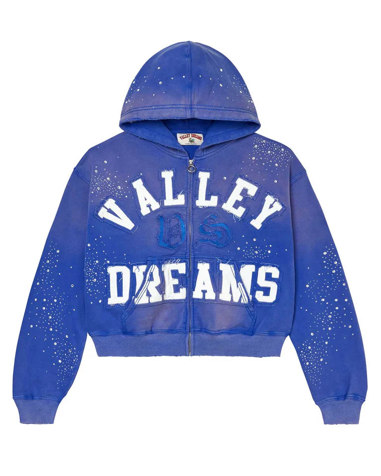 Vale Forever Classico zip up hoodie in sapphire blue with modern streetwear-inspired design and relaxed fit