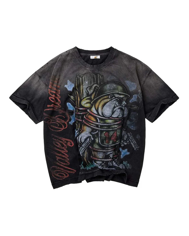 Vale Forever Dog of War Black washed cotton T-shirt featuring an airbrushed military bulldog graphic and red Valley Dreams artwork.