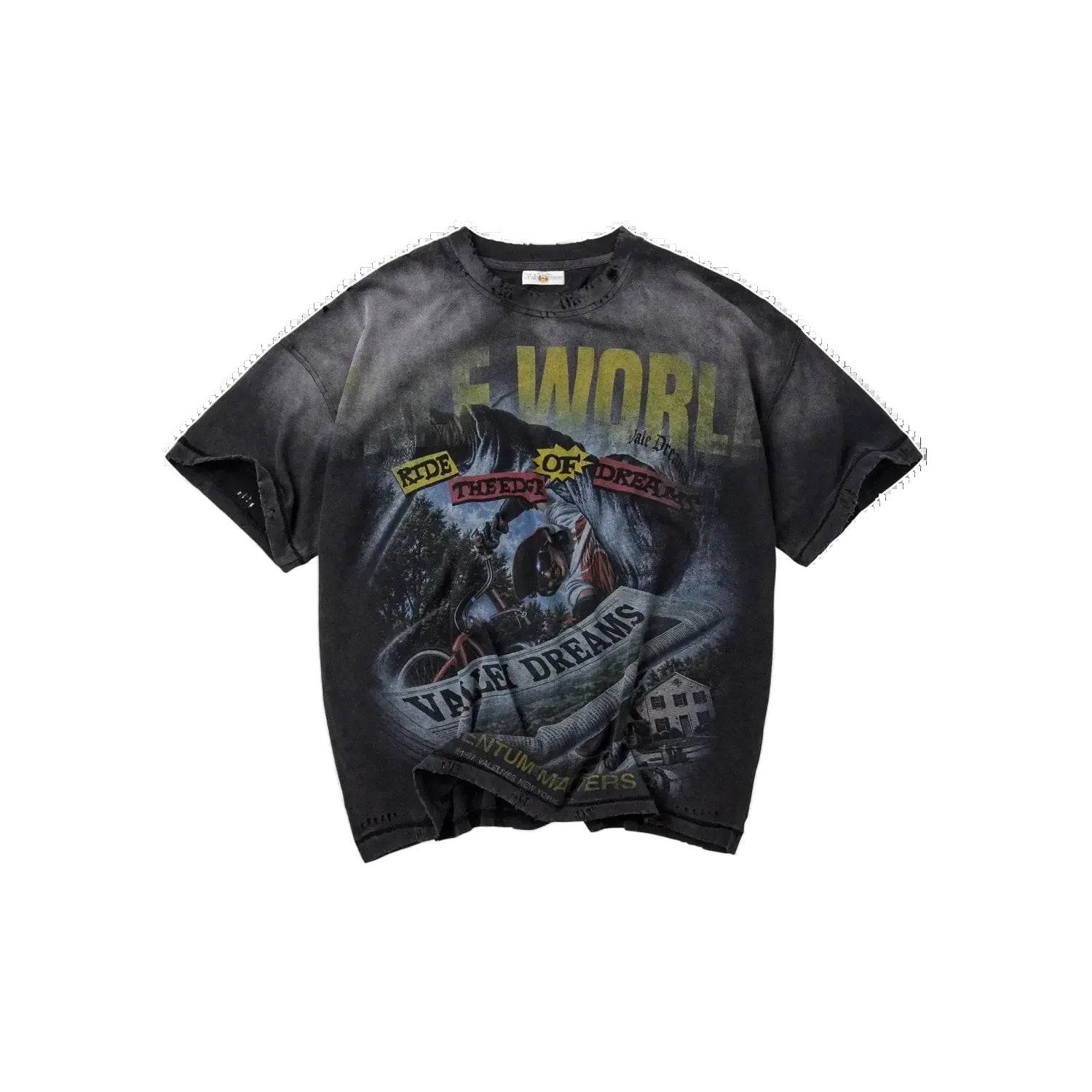 Vale Forever Newspaper Black graphic T-shirt featuring a newspaper-inspired design with a bold streetwear aesthetic.