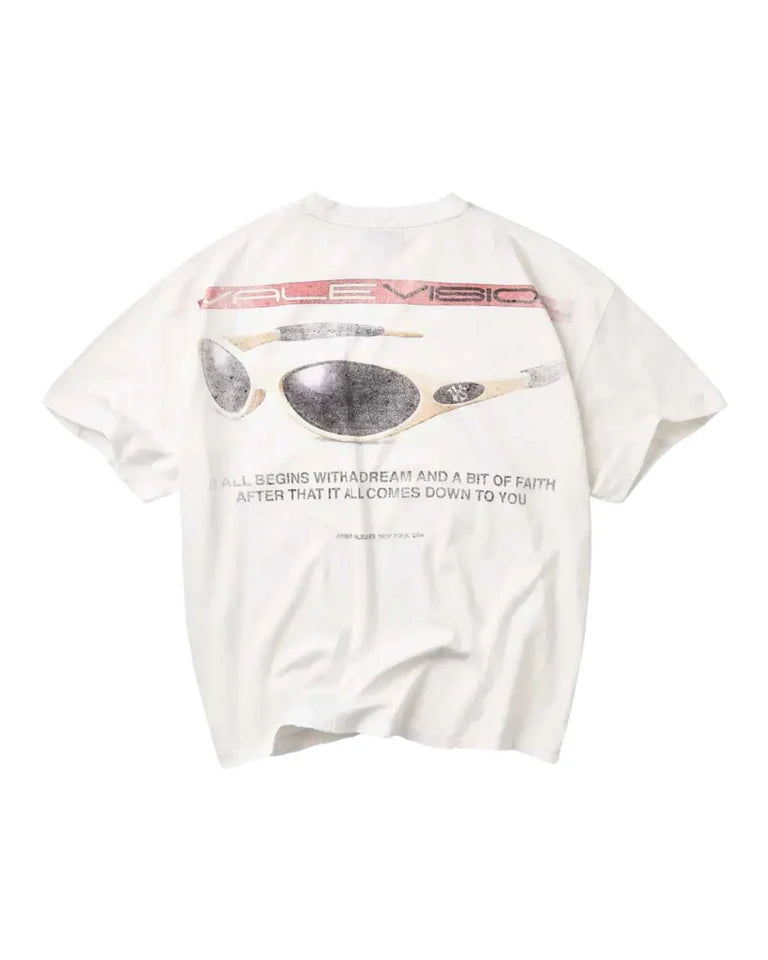 Vale Forever Vision White washed cotton pocket T-shirt featuring a bold "Vale Vision" back graphic with airbrushed sport sunglasses and signature artwork.