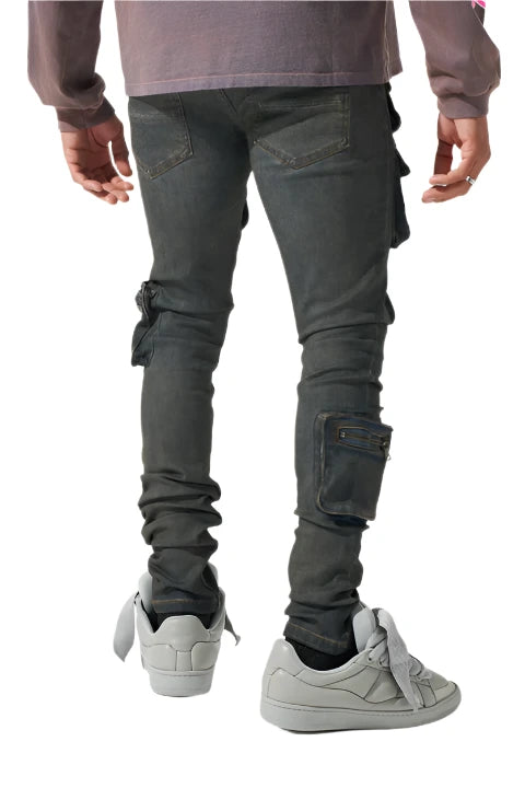  "SERENEDE® WAVE cargo jeans in dark navy with coffee overdye, featuring cargo pockets and zip closures."