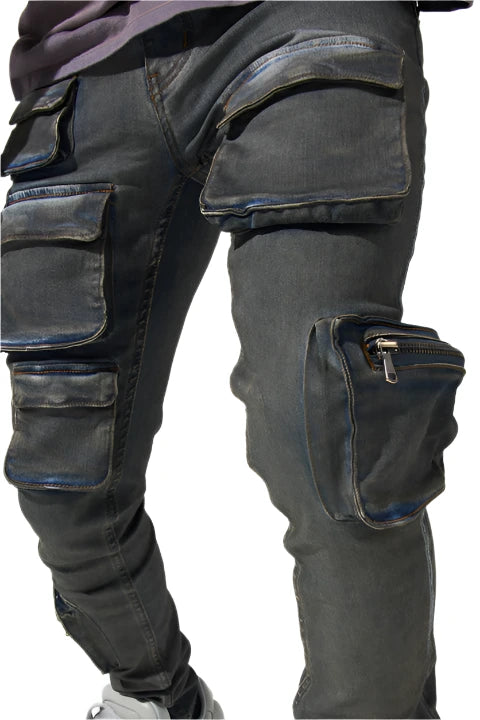  "SERENEDE® WAVE cargo jeans in dark navy with coffee overdye, featuring cargo pockets and zip closures."