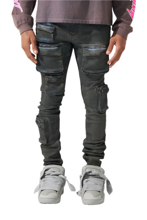  "SERENEDE® WAVE cargo jeans in dark navy with coffee overdye, featuring cargo pockets and zip closures."