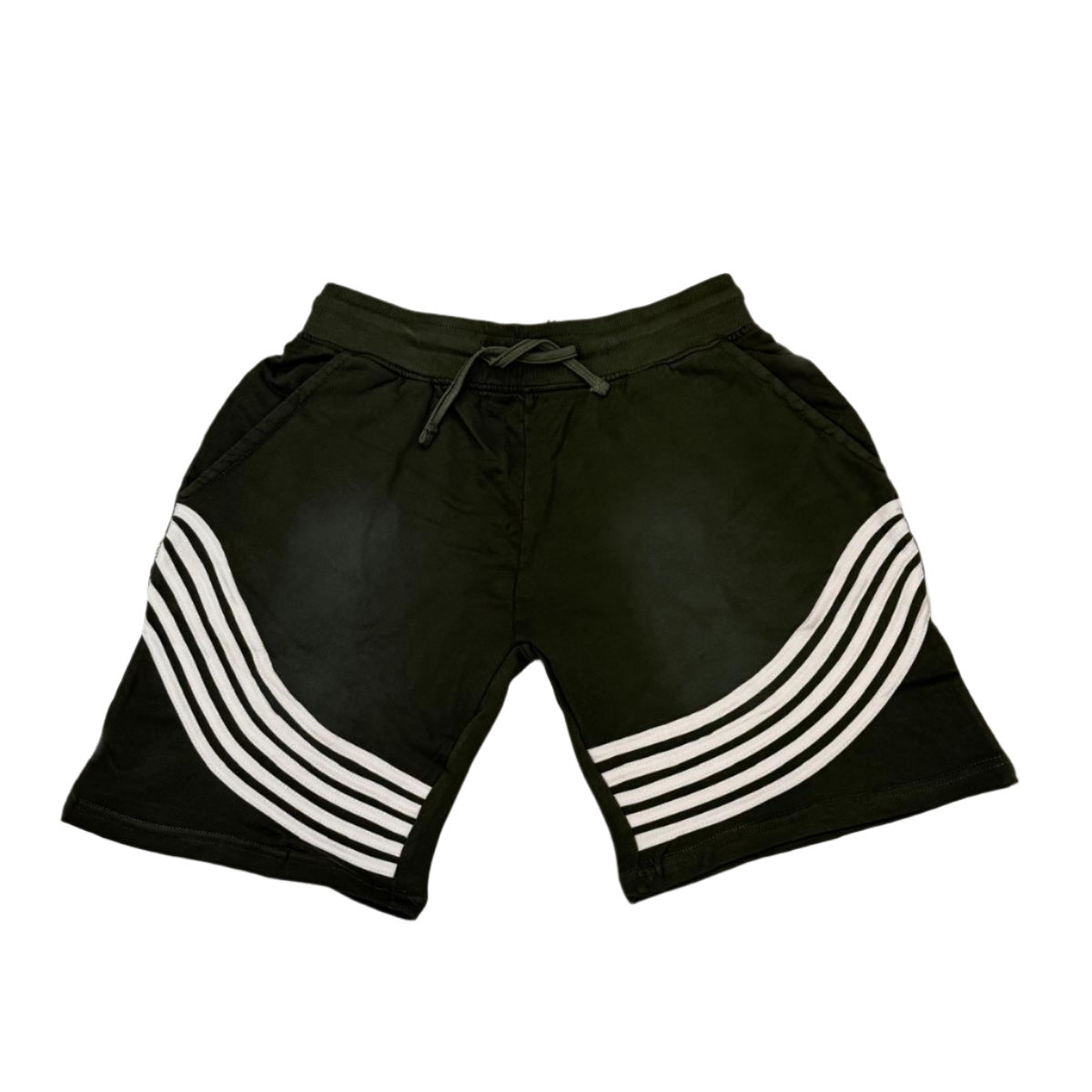 olive shorts with white stripes