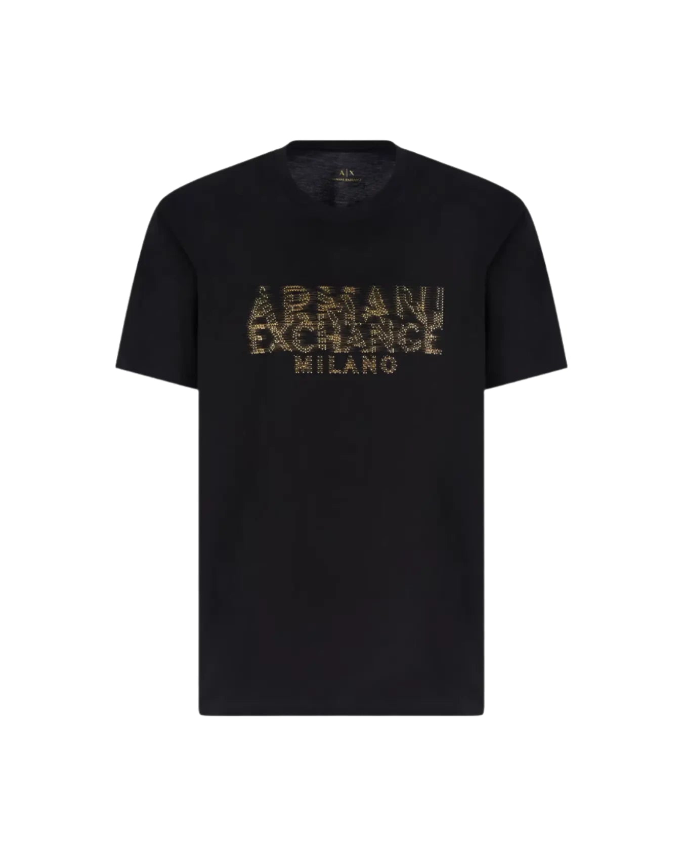Black t-shirt with Armani Exchange logo on a white background