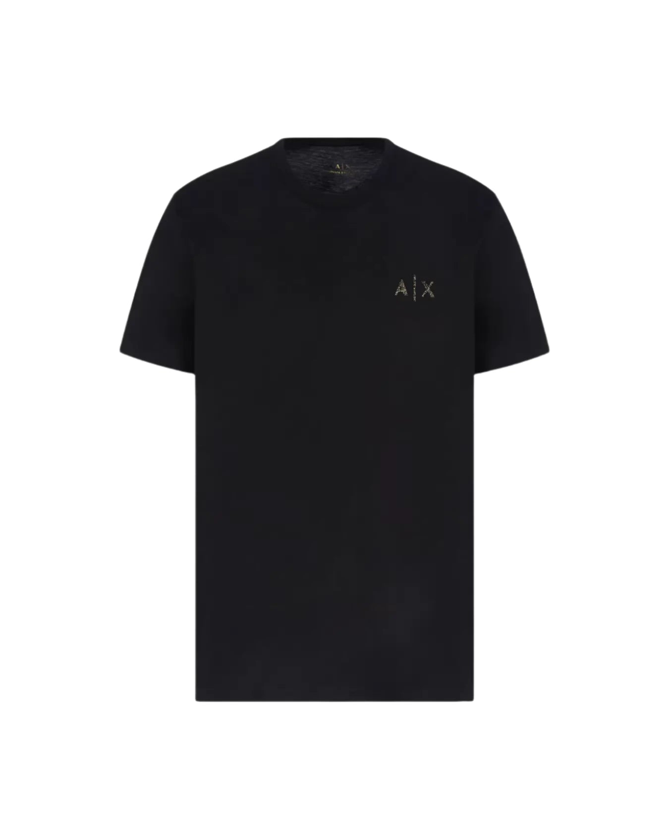Black t-shirt with a logo on the chest against a white background