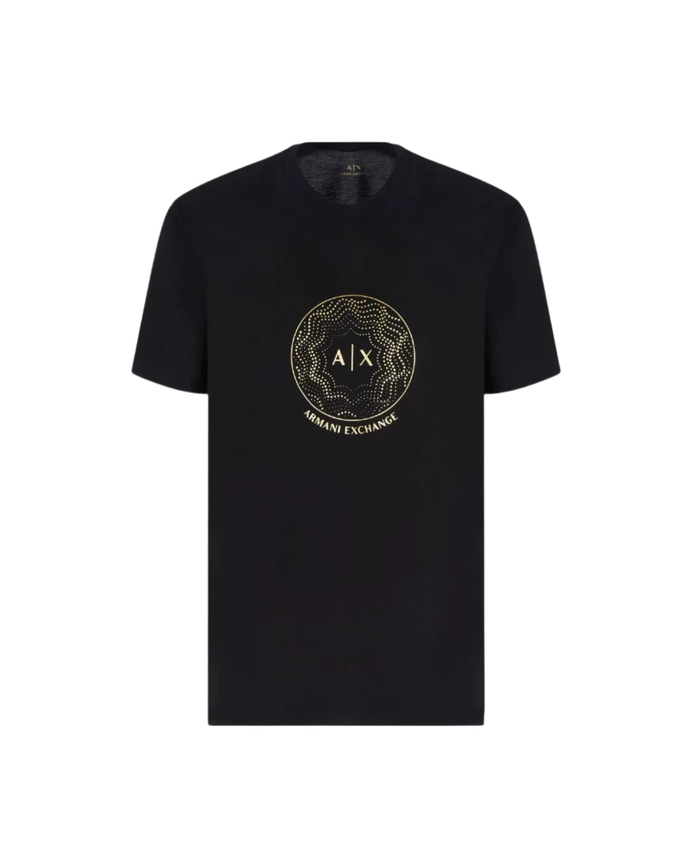  Regular fit mercerized cotton T-shirt with gold rhinestone front logo and short sleeves.