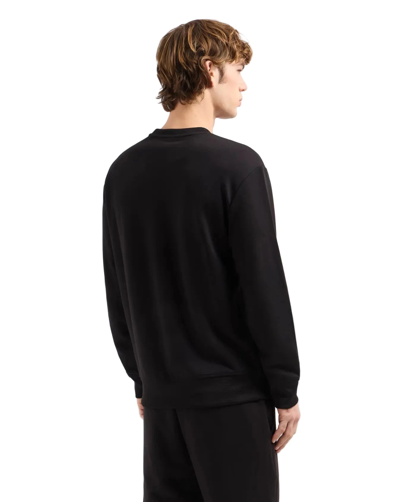 Armani Exchange black stretch jersey sweatshirt with gold rhinestone front logo, round neckline, and ribbed trims.