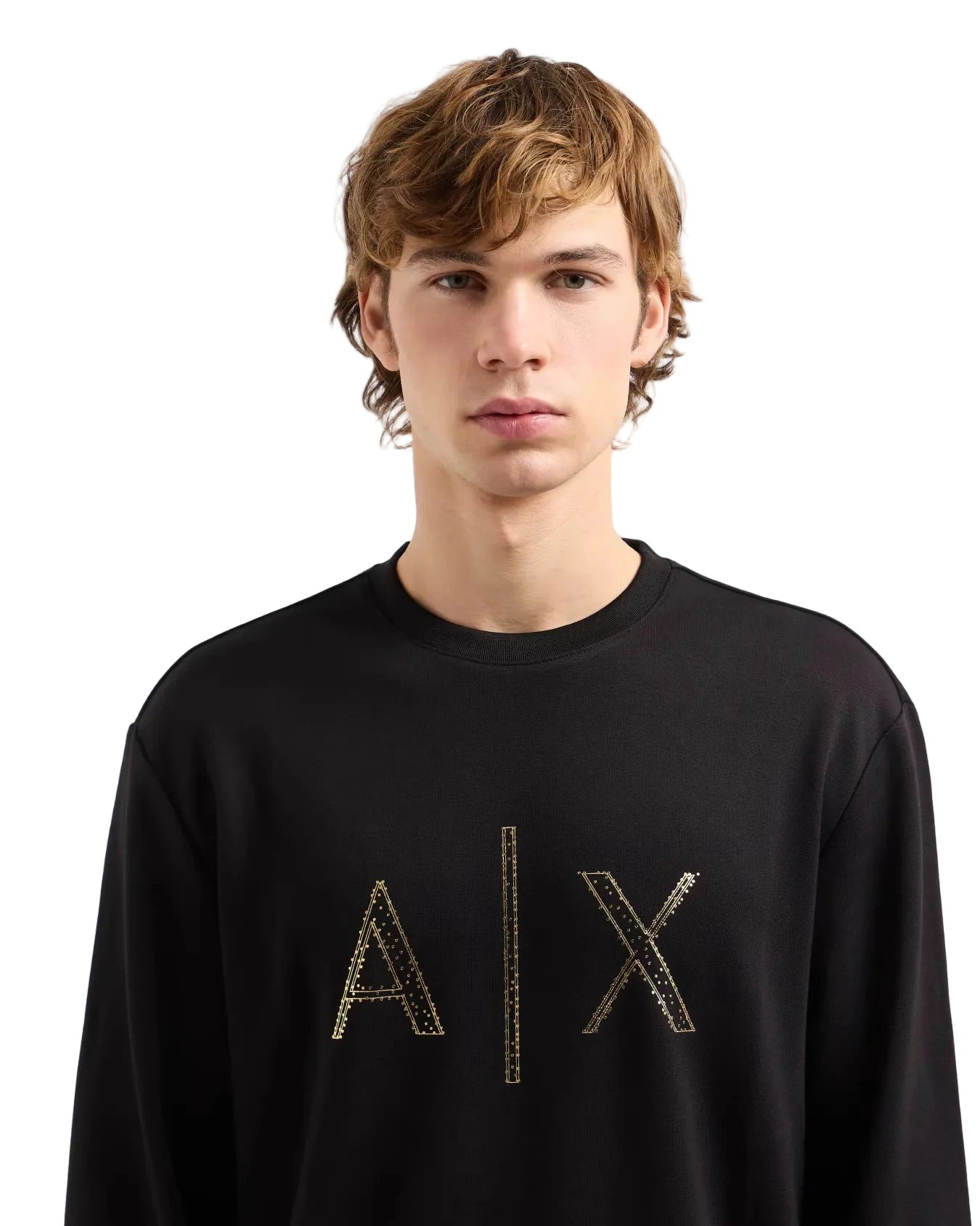 Armani Exchange black stretch jersey sweatshirt with gold rhinestone front logo, round neckline, and ribbed trims.