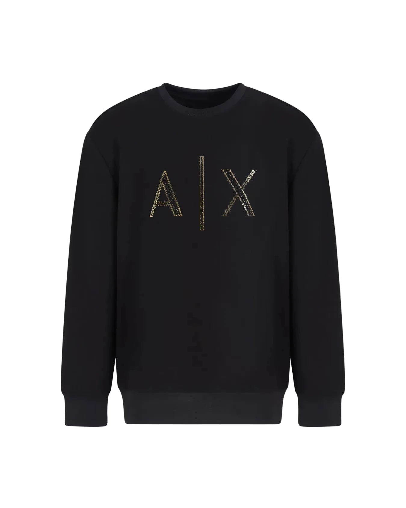 Armani Exchange black stretch jersey sweatshirt with gold rhinestone front logo, round neckline, and ribbed trims.