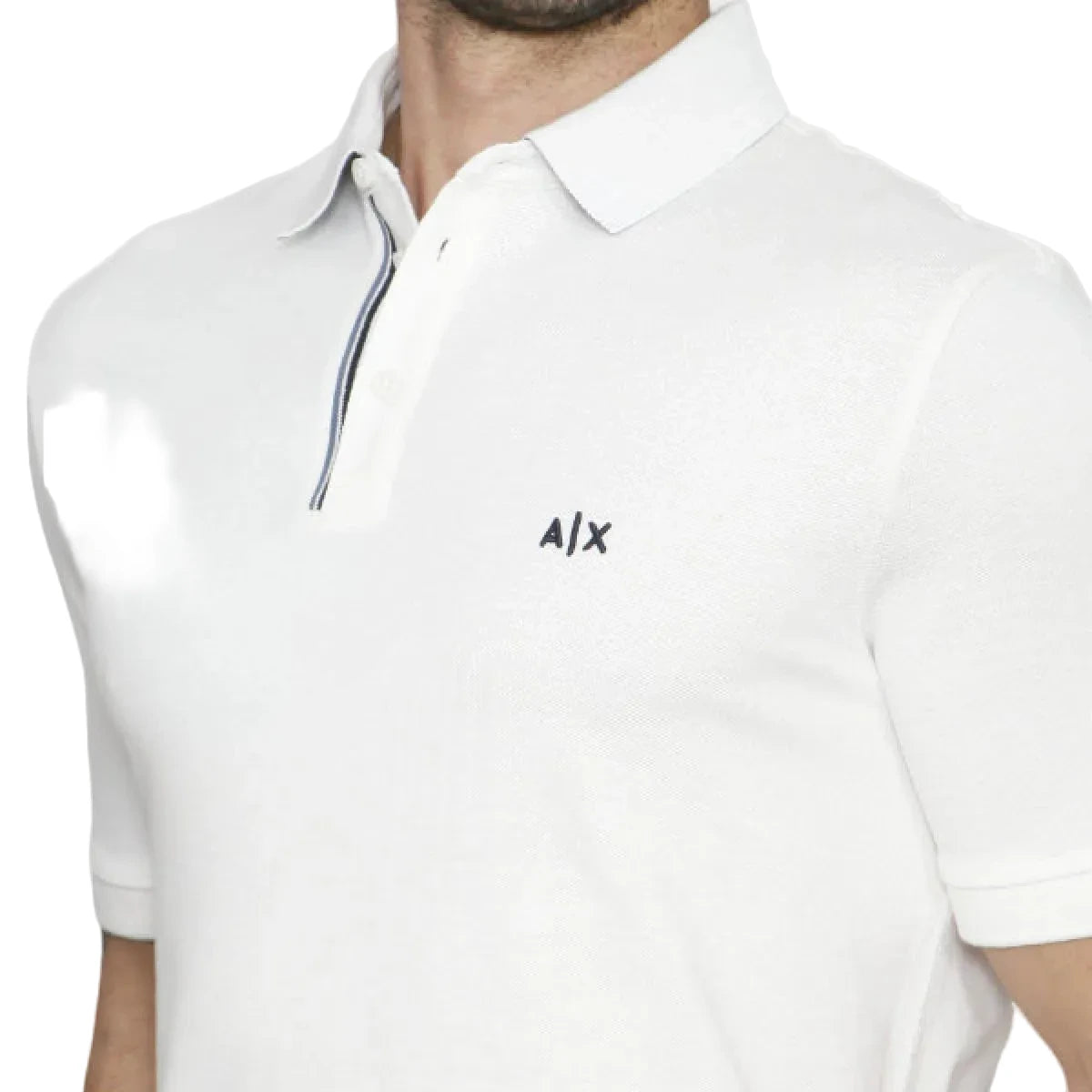 Armani Exchange white polo shirt with blue stripe detailing, cotton piqué fabric, and classic regular fit design