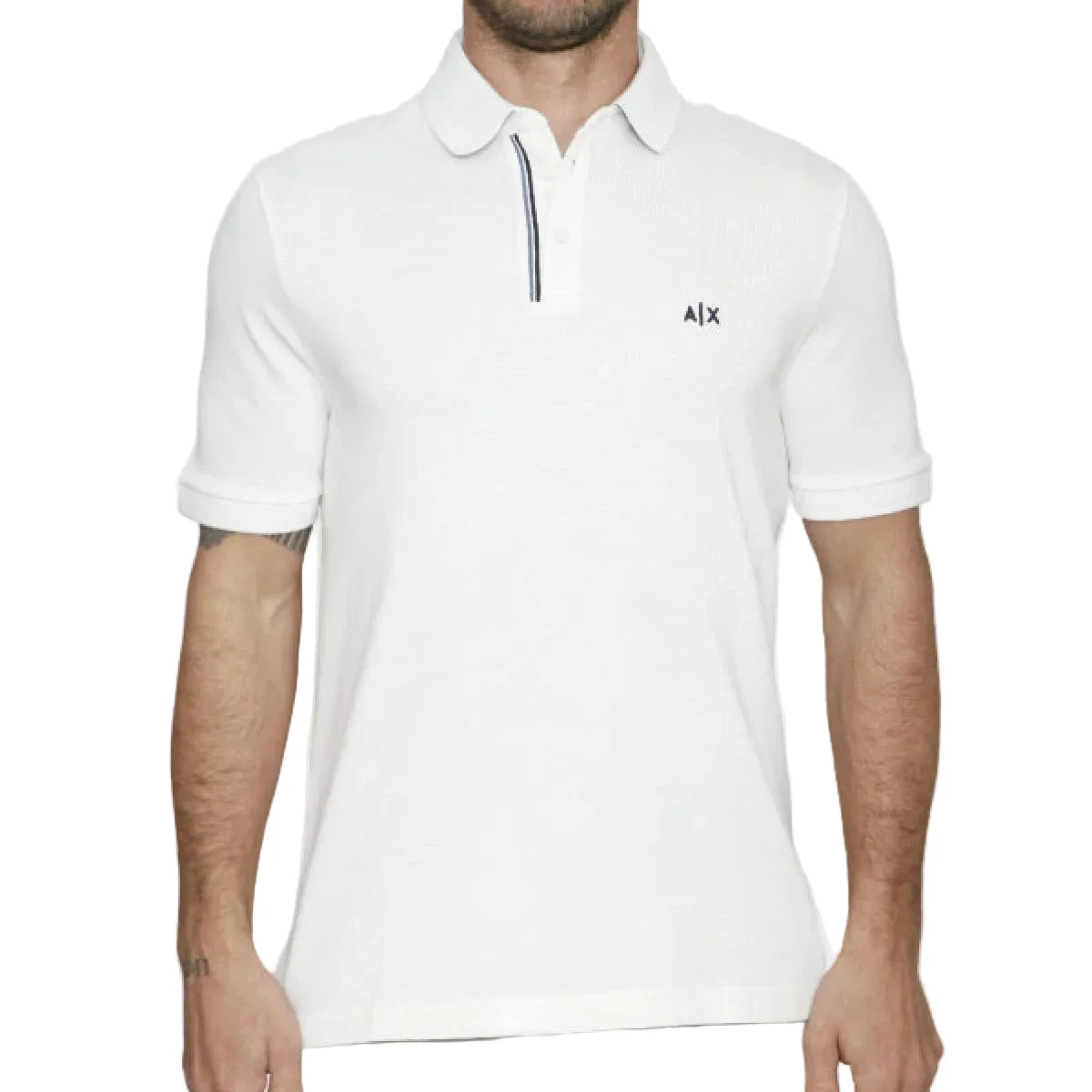 Armani Exchange white polo shirt with blue stripe detailing, cotton piqué fabric, and classic regular fit design