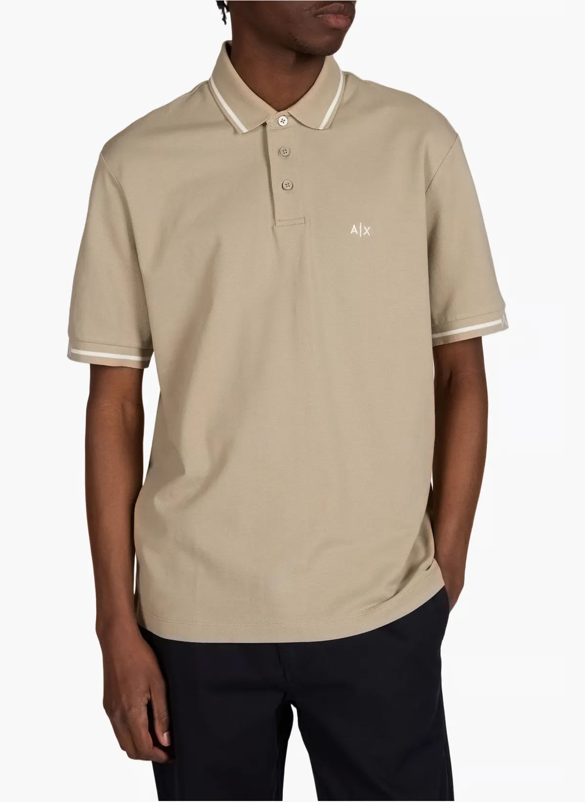 Armani Exchange cotton polo shirt with contrast collar and sleeve trims, embroidered chest logo, and classic straight fit design