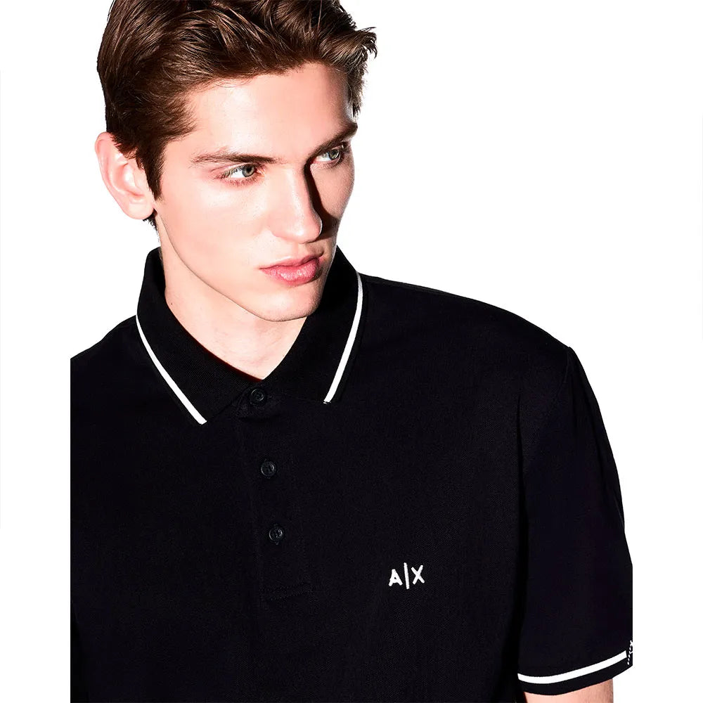 Armani Exchange men’s regular fit polo shirt with contrast collar and cuffs, embroidered chest logo, and modern smart-casual design