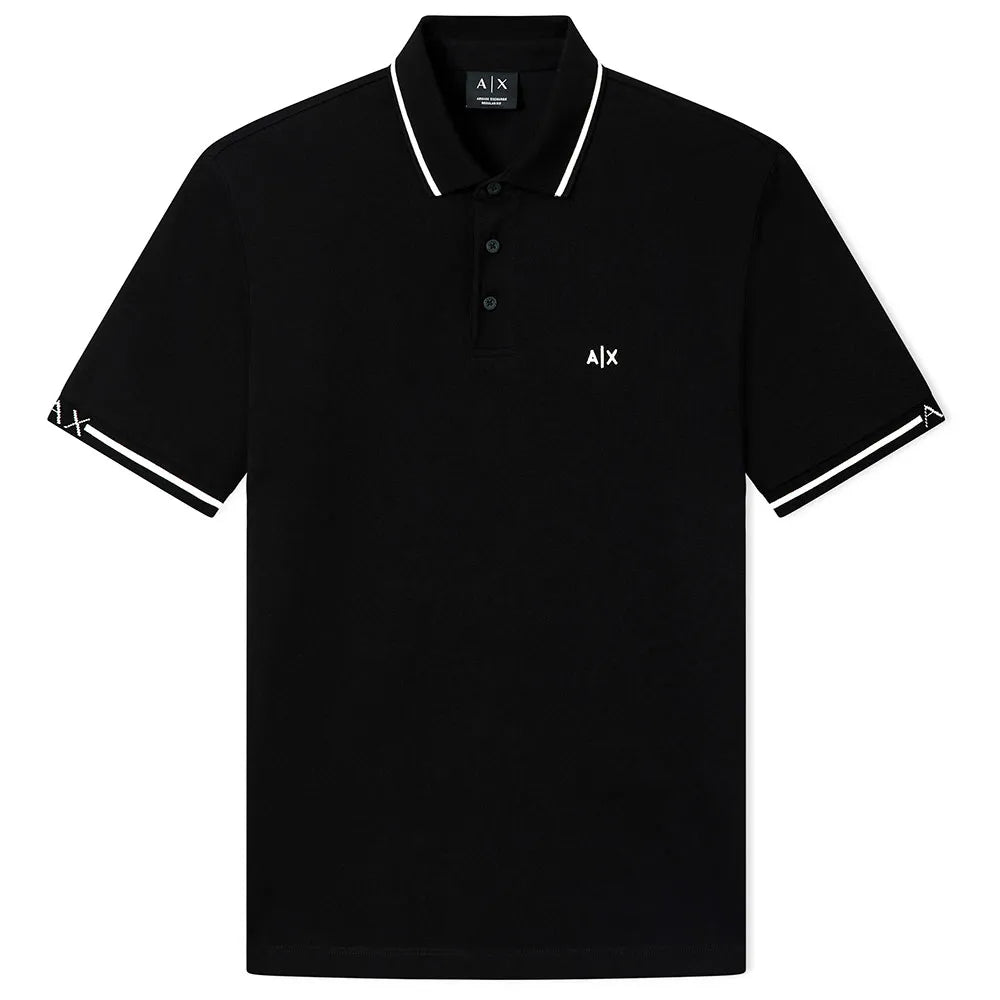Armani Exchange men’s regular fit polo shirt with contrast collar and cuffs, embroidered chest logo, and modern smart-casual design