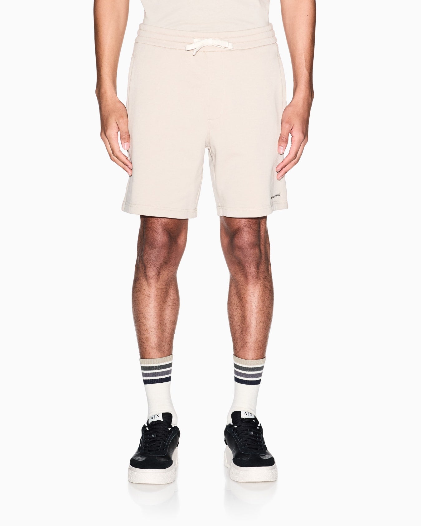 Armani Exchange cotton French terry Bermuda shorts with relaxed fit, soft fabric, and modern casual styling.
