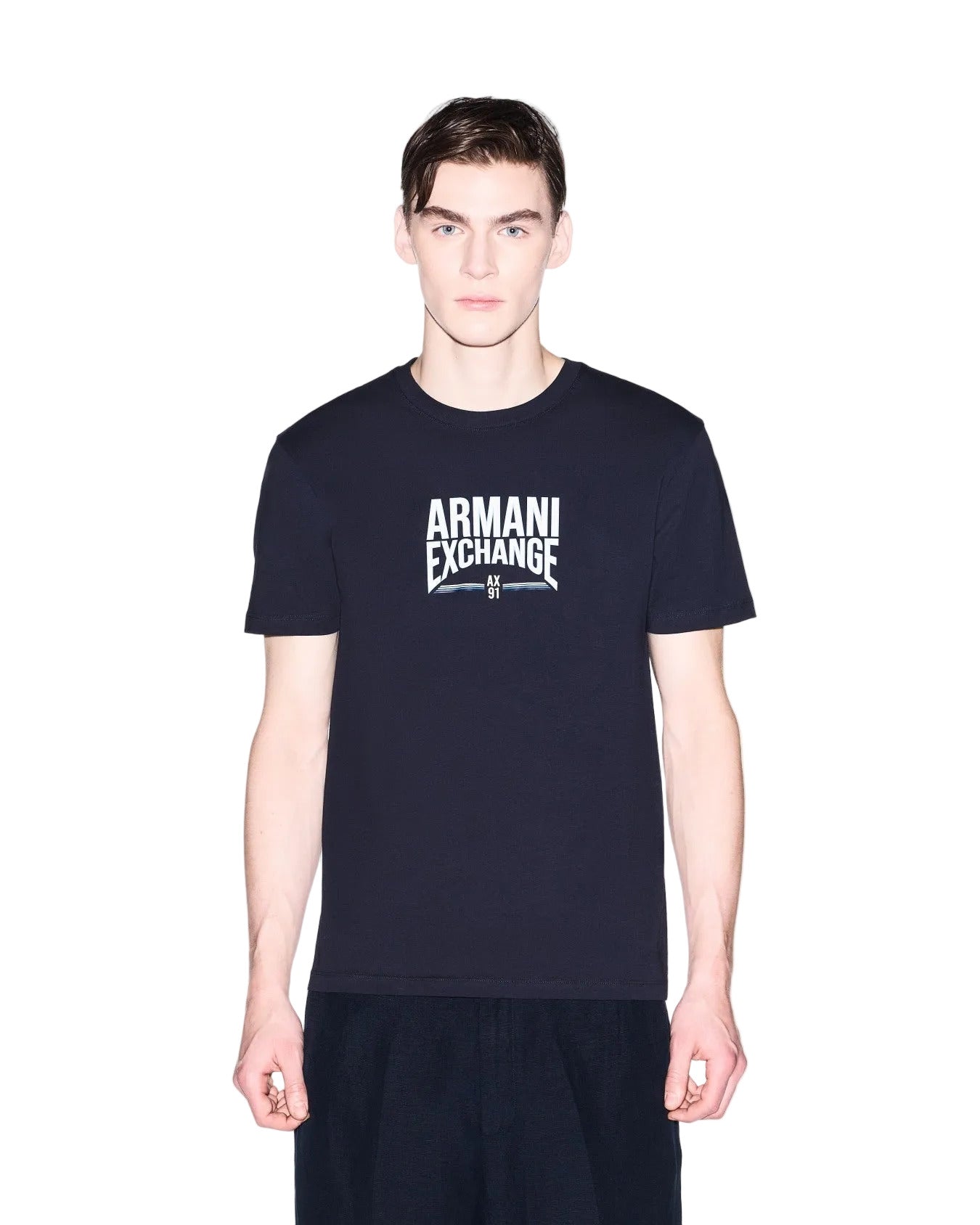 Armani Exchange slim-fit cotton jersey T-shirt with crew neck, ribbed details, and modern minimalist silhouette.