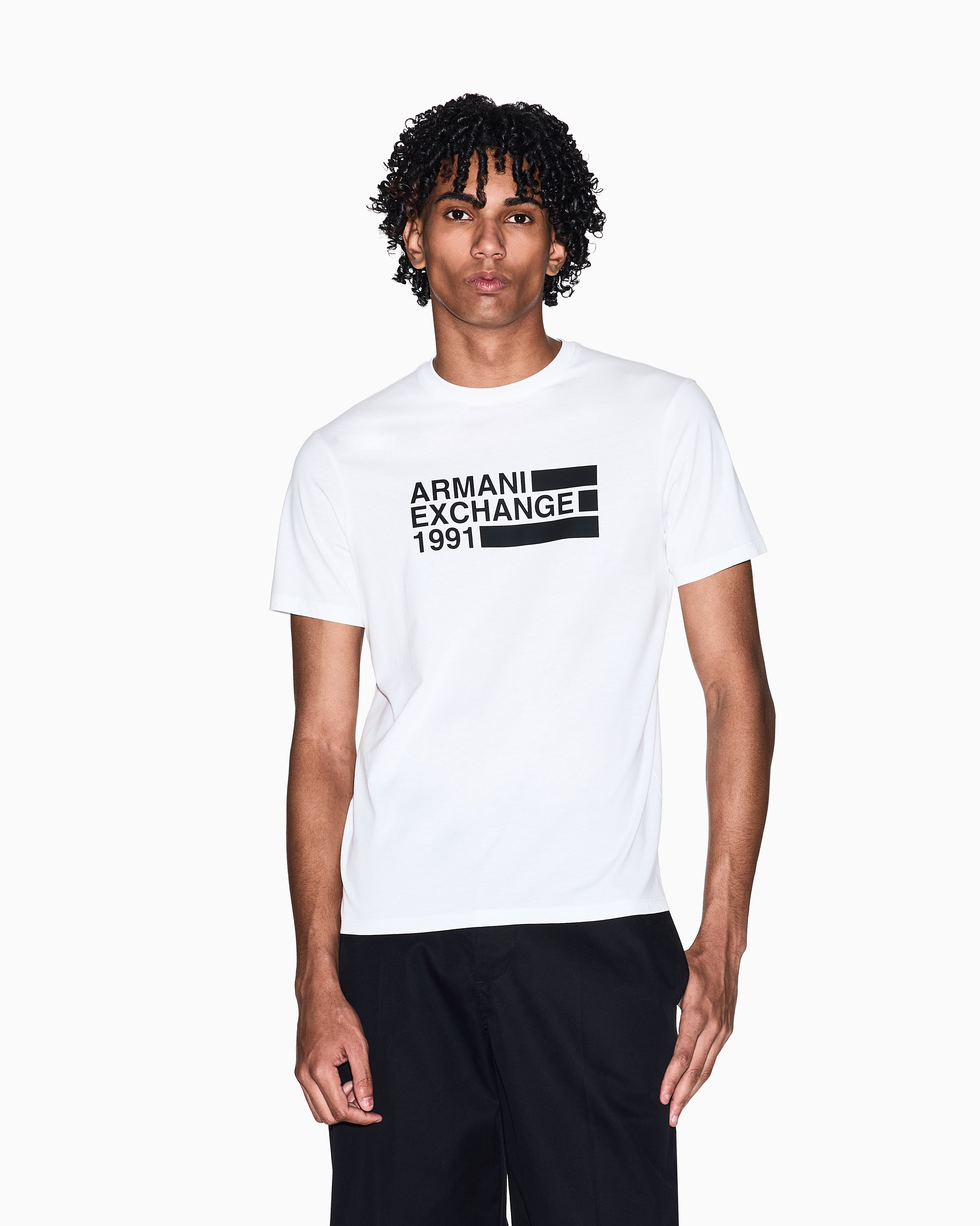 Armani Exchange slim-fit cotton jersey T-shirt with crew neck, short sleeves, and minimalist modern silhouette.