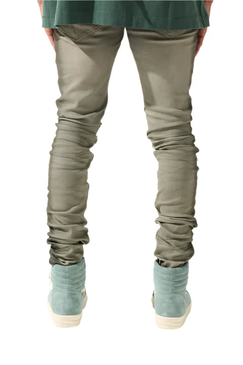 SERENEDE® ZINC fitted jeans in shade grey with charcoal spray stripe, hand-painted details, and 3M logo print.