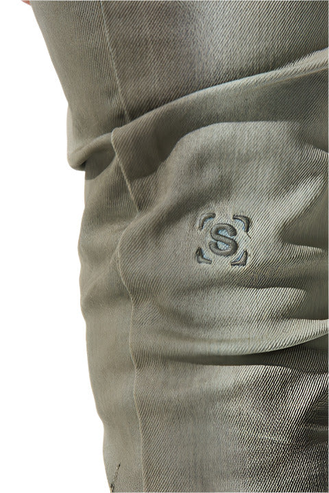 SERENEDE® ZINC fitted jeans in shade grey with charcoal spray stripe, hand-painted details, and 3M logo print.