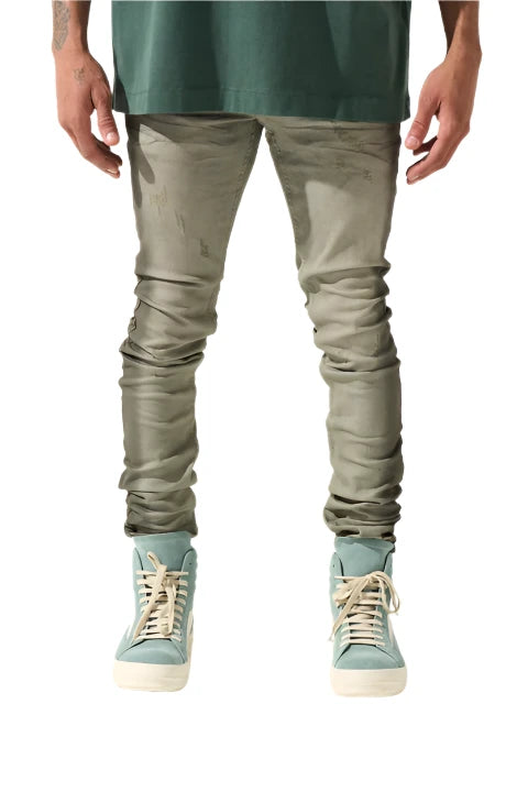 SERENEDE® ZINC fitted jeans in shade grey with charcoal spray stripe, hand-painted details, and 3M logo print.