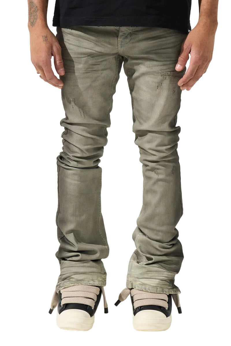 SERENEDE® ZINC stacked jeans in shade grey with charcoal spray stripes, hand-painted details, and fitted stacked silhouette.