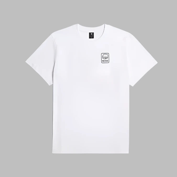 "White loose-fit T-shirt with ribbed round neckline, featuring G-STAR graphic print on the chest and back, and a woven G-STAR Originals label at the lower side seam.