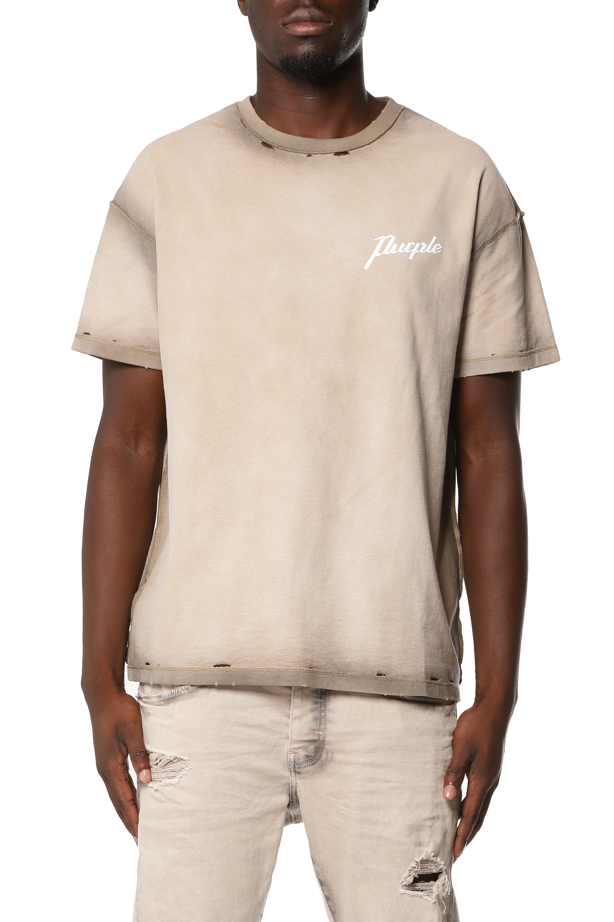 Purple Brand Textured Inside Out Tee in khaki featuring textured fabric, an inside-out construction, and a classic short-sleeve design.