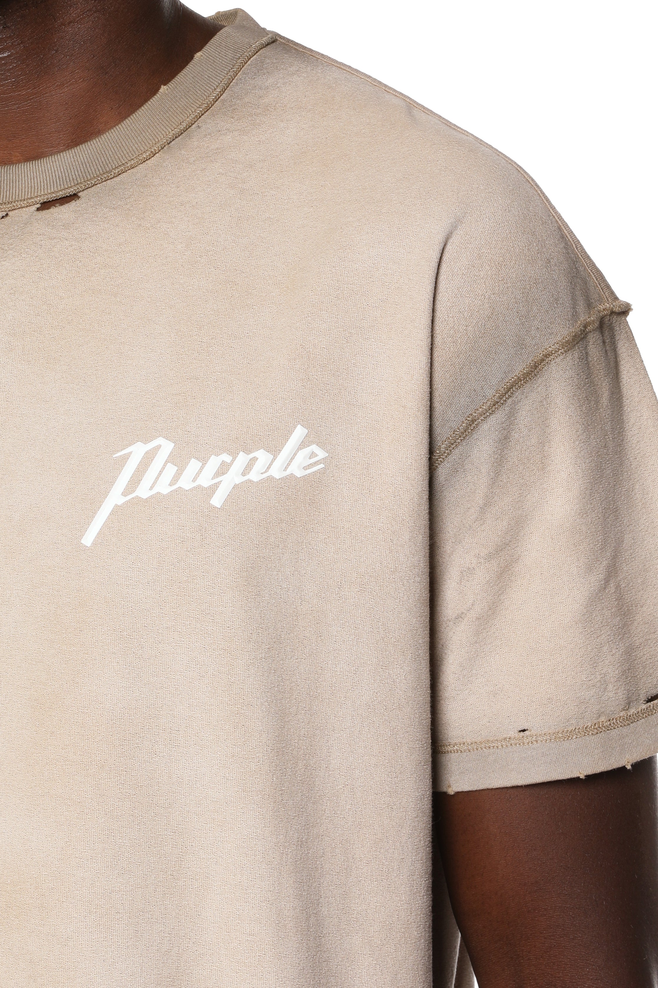 Purple Brand Textured Inside Out Tee in khaki featuring textured fabric, an inside-out construction, and a classic short-sleeve design.